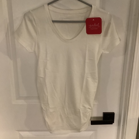 Isabel Maternity - Short Sleeve V-Neck Side Ruched Tee - White - Size Small - Picture 2 of 9